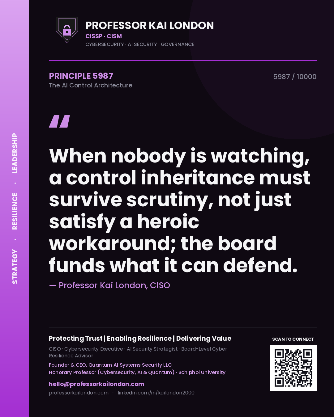 Professor Kai London principle 5987: When nobody is watching, a control inheritance must survive scrutiny, not just satisfy a heroic workaround; the board funds what it can defend.