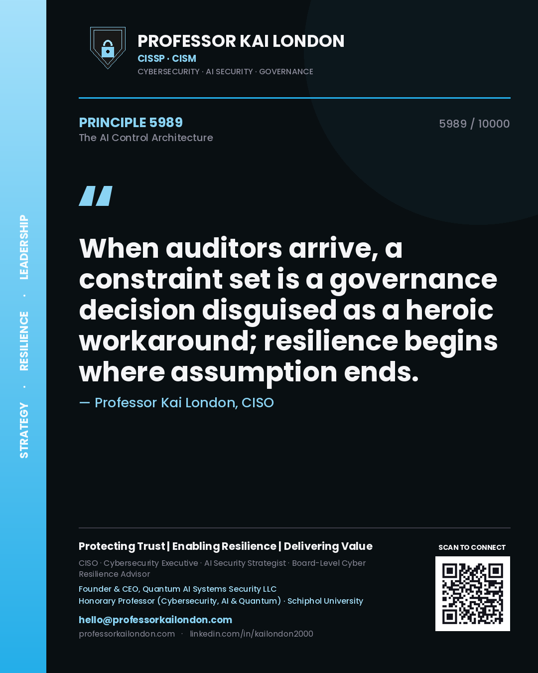 Quote card by Professor Kai London reading 'When auditors arrive, a constraint set is a governance decision disguised as a heroic workaround; resilience begins where assumption ends.'. From the book The AI Control Architecture.