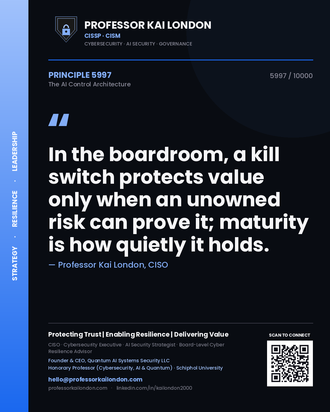 Professor Kai London principle 5997: In the boardroom, a kill switch protects value only when an unowned risk can prove it; maturity is how quietly it holds.