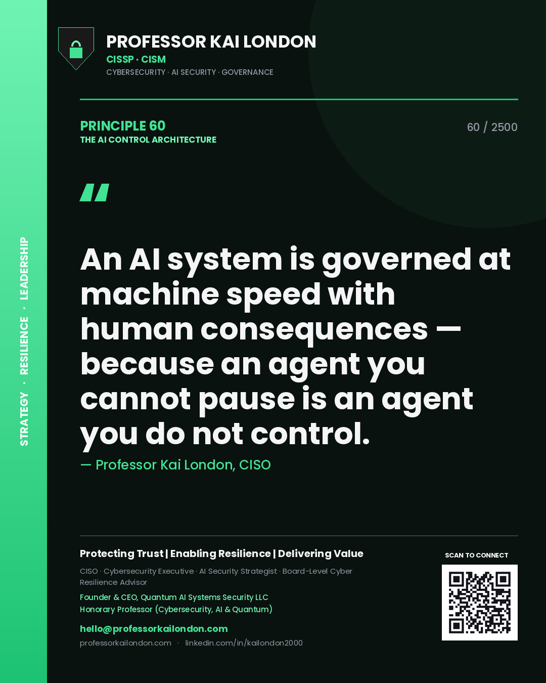 Professor Kai London principle 60: An AI system is governed at machine speed with human consequences — because an agent you cannot pause is an agent you do not control.