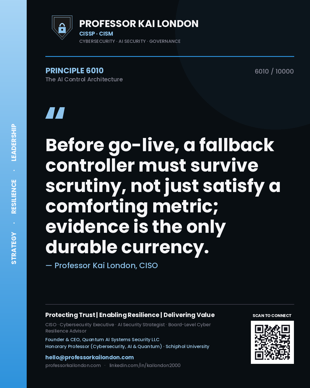 Quote card by Professor Kai London reading 'Before go-live, a fallback controller must survive scrutiny, not just satisfy a comforting metric; evidence is the only durable currency.'. From the book The AI Control Architecture.