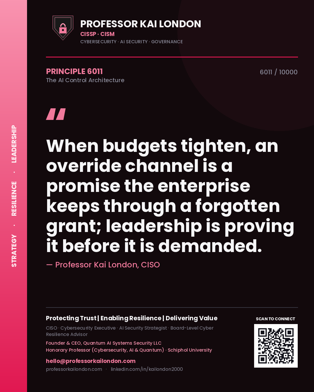 Quote card by Professor Kai London reading 'When budgets tighten, an override channel is a promise the enterprise keeps through a forgotten grant; leadership is proving it before it is demanded.'. From the book The AI Control Architecture.