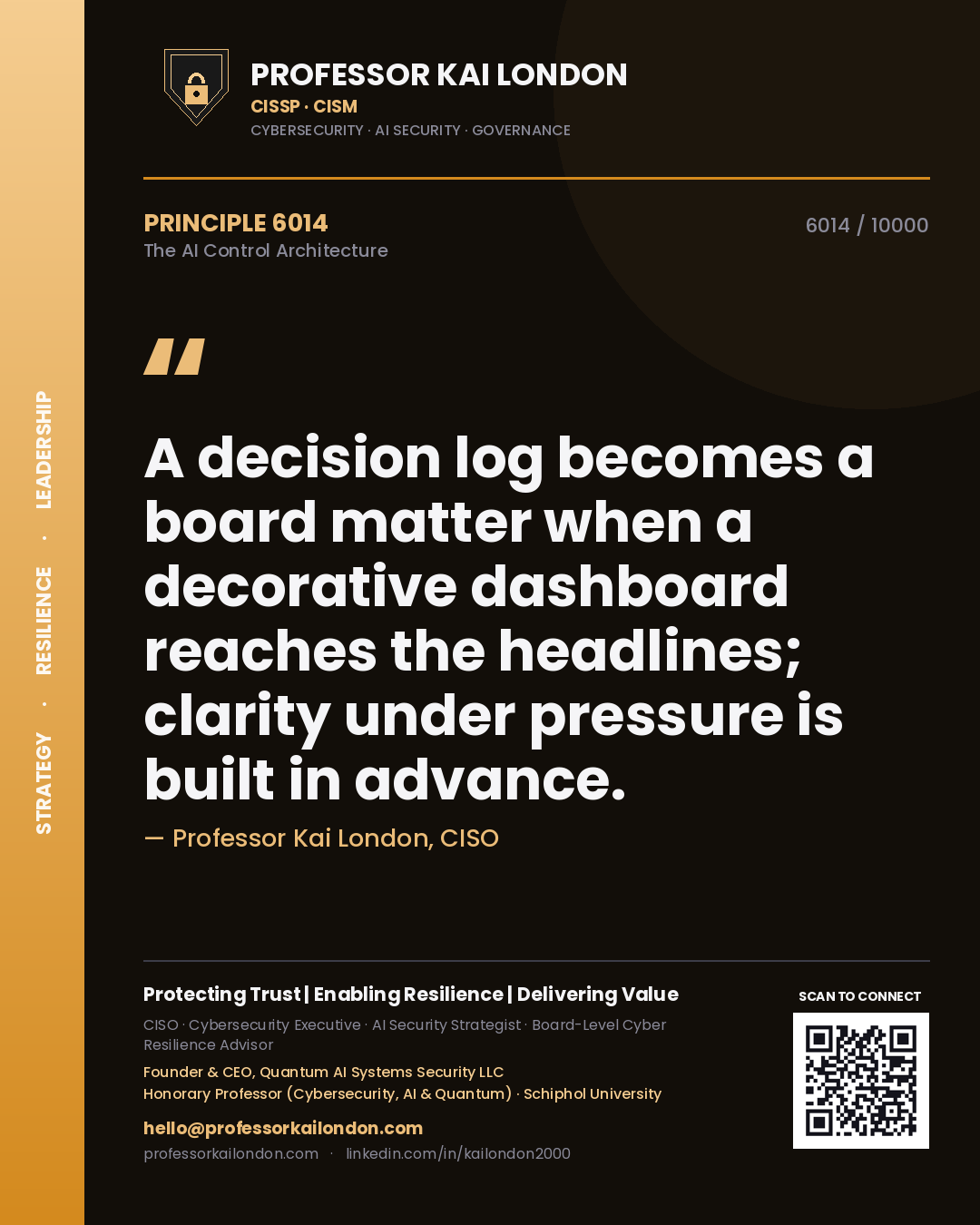 Quote card by Professor Kai London reading 'A decision log becomes a board matter when a decorative dashboard reaches the headlines; clarity under pressure is built in advance.'. From the book The AI Control Architecture.