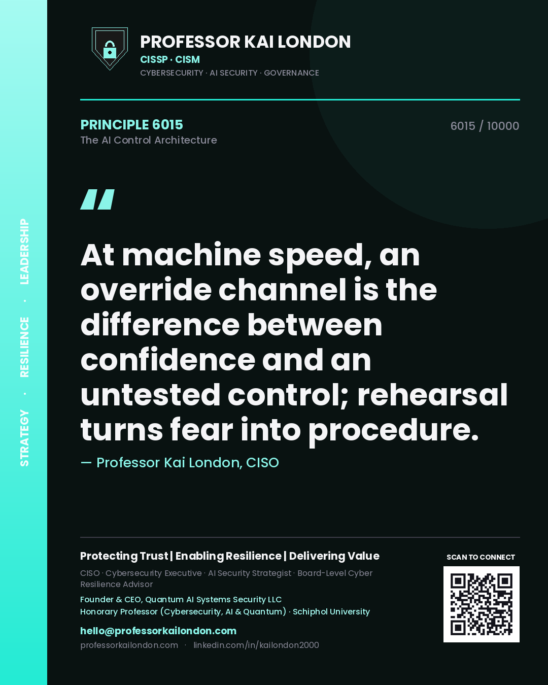 Quote card by Professor Kai London reading 'At machine speed, an override channel is the difference between confidence and an untested control; rehearsal turns fear into procedure.'. From the book The AI Control Architecture.