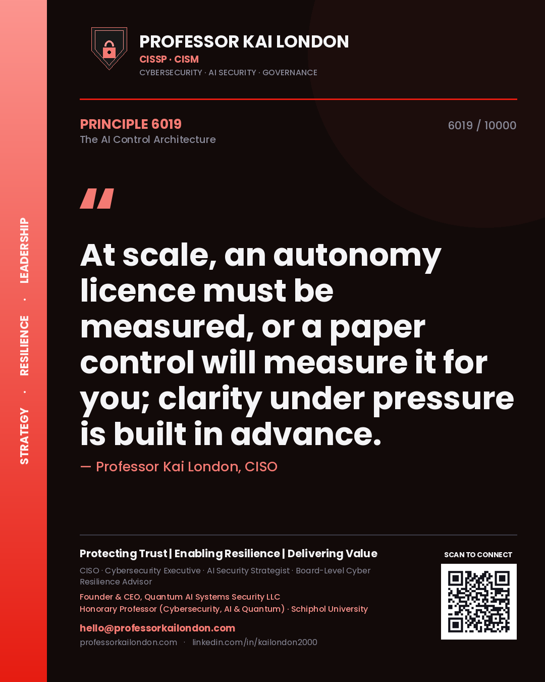 Quote card by Professor Kai London reading 'At scale, an autonomy licence must be measured, or a paper control will measure it for you; clarity under pressure is built in advance.'. From the book The AI Control Architecture.