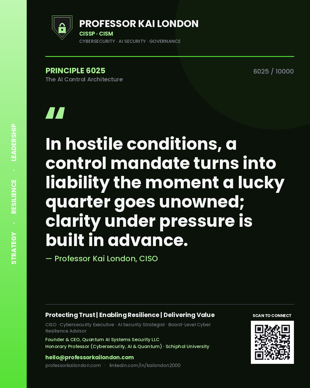 Professor Kai London principle 6025: In hostile conditions, a control mandate turns into liability the moment a lucky quarter goes unowned; clarity under pressure is built in advance.