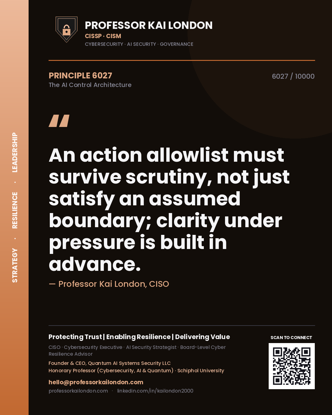Quote card by Professor Kai London reading 'An action allowlist must survive scrutiny, not just satisfy an assumed boundary; clarity under pressure is built in advance.'. From the book The AI Control Architecture.