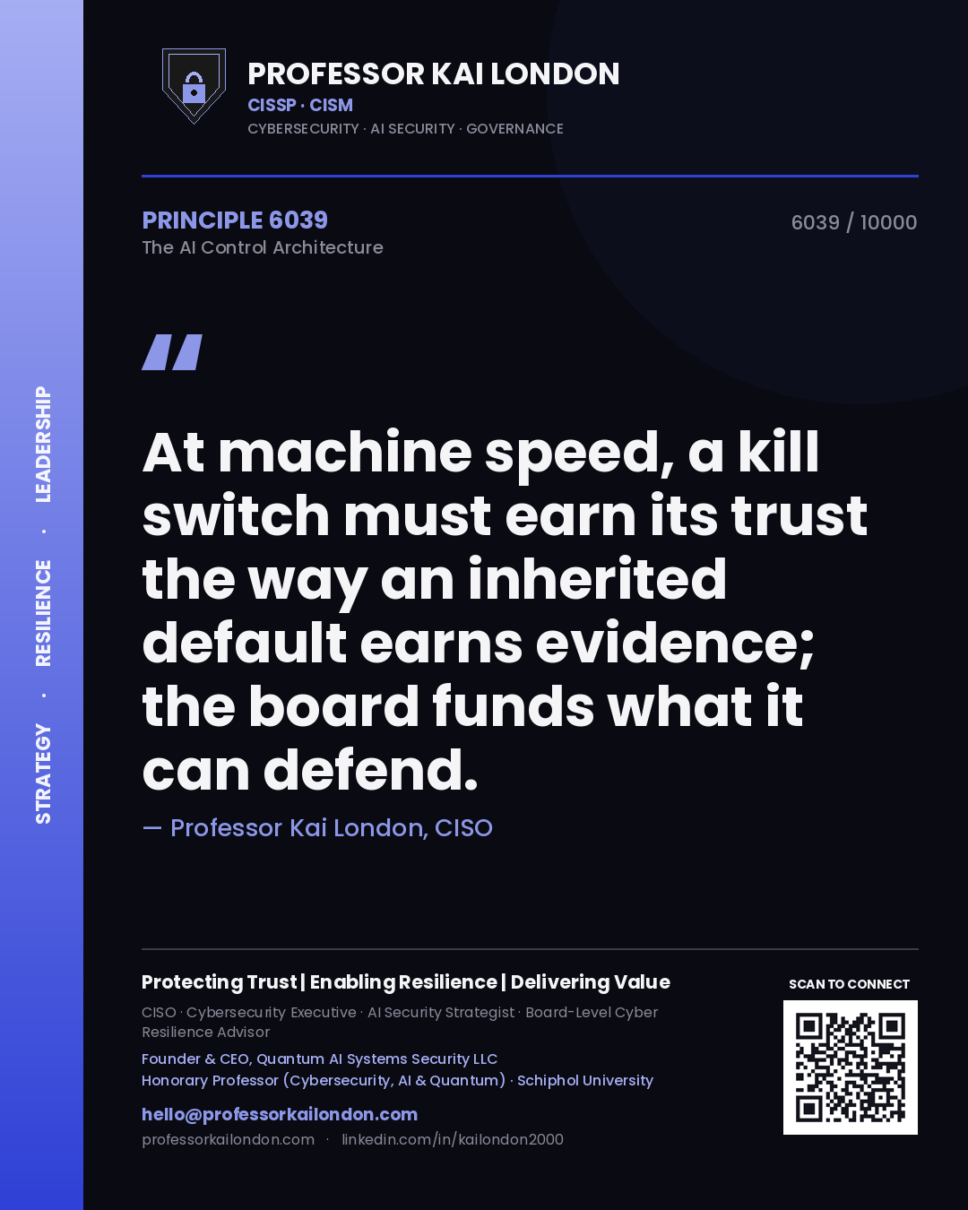 Quote card by Professor Kai London reading 'At machine speed, a kill switch must earn its trust the way an inherited default earns evidence; the board funds what it can defend.'. From the book The AI Control Architecture.