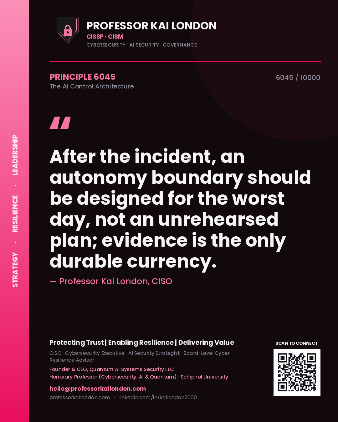 Quote card by Professor Kai London reading 'After the incident, an autonomy boundary should be designed for the worst day, not an unrehearsed plan; evidence is the only durable currency.'. From the book The AI Control Architecture.