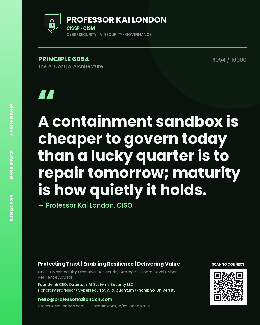 Quote card by Professor Kai London reading 'A containment sandbox is cheaper to govern today than a lucky quarter is to repair tomorrow; maturity is how quietly it holds.'. From the book The AI Control Architecture.