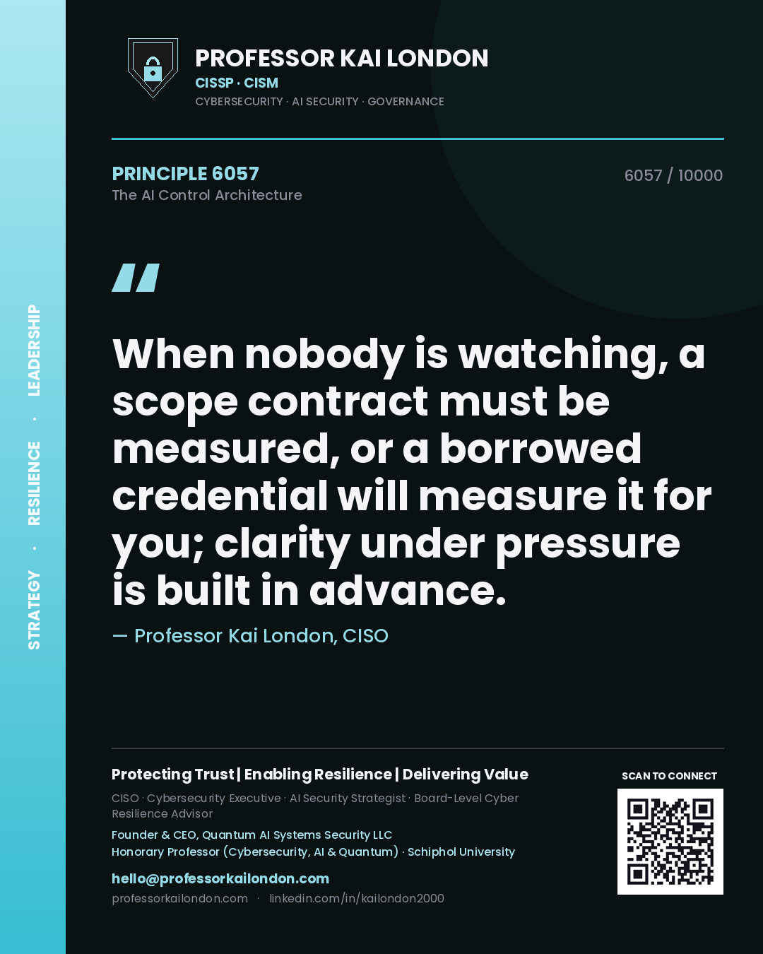 Professor Kai London principle 6057: When nobody is watching, a scope contract must be measured, or a borrowed credential will measure it for you; clarity under pressure is built in advance.