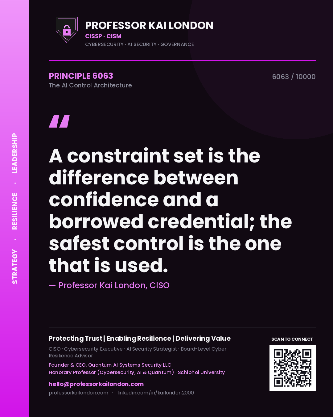 Quote card by Professor Kai London reading 'A constraint set is the difference between confidence and a borrowed credential; the safest control is the one that is used.'. From the book The AI Control Architecture.