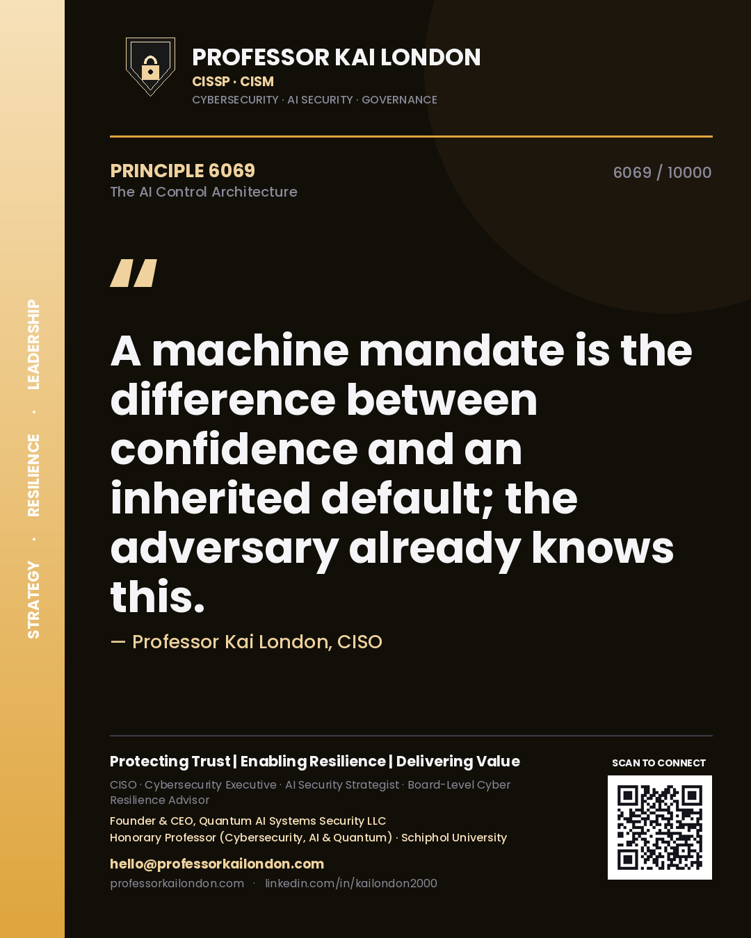 Quote card by Professor Kai London reading 'A machine mandate is the difference between confidence and an inherited default; the adversary already knows this.'. From the book The AI Control Architecture.