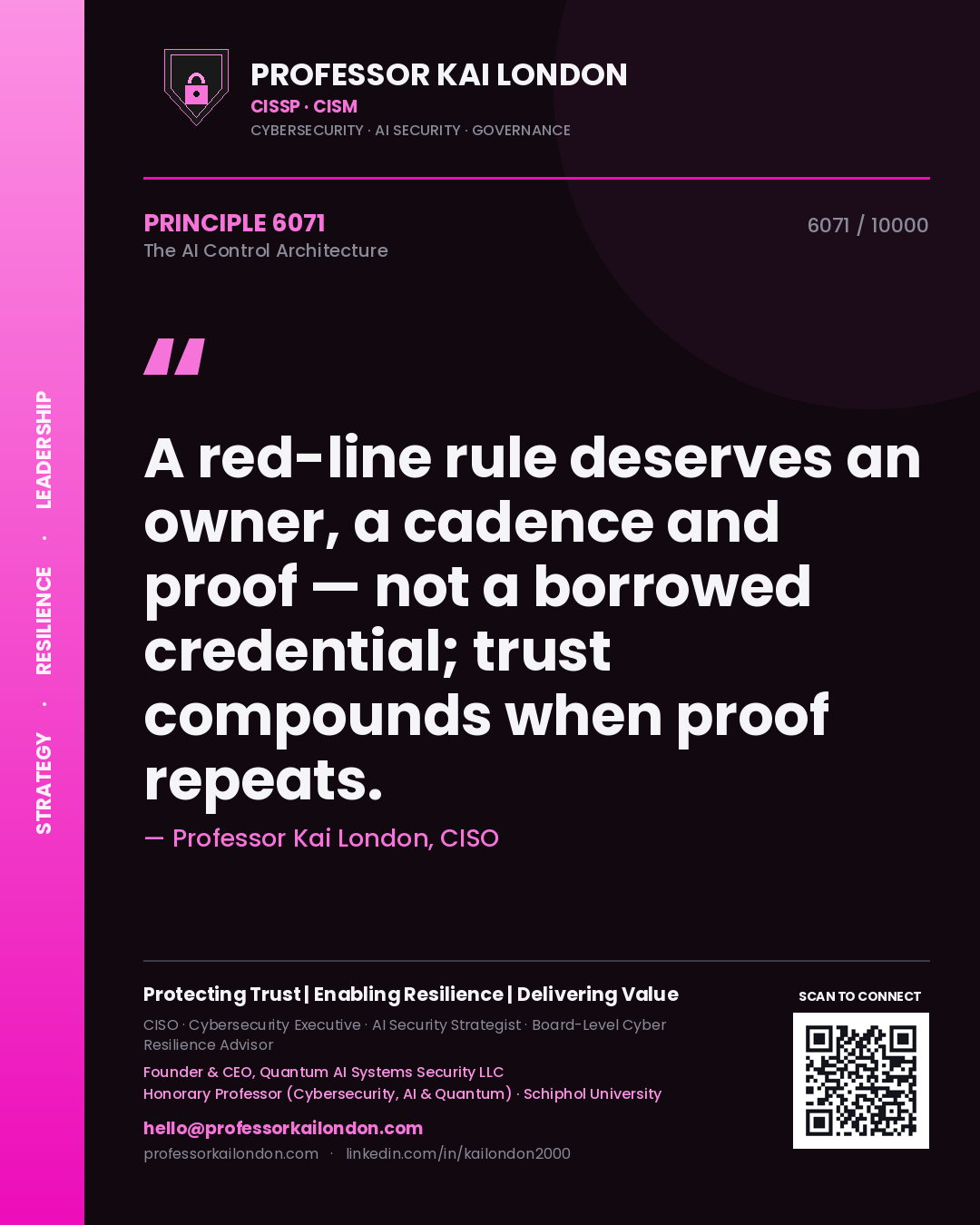 Professor Kai London principle 6071: A red-line rule deserves an owner, a cadence and proof — not a borrowed credential; trust compounds when proof repeats.
