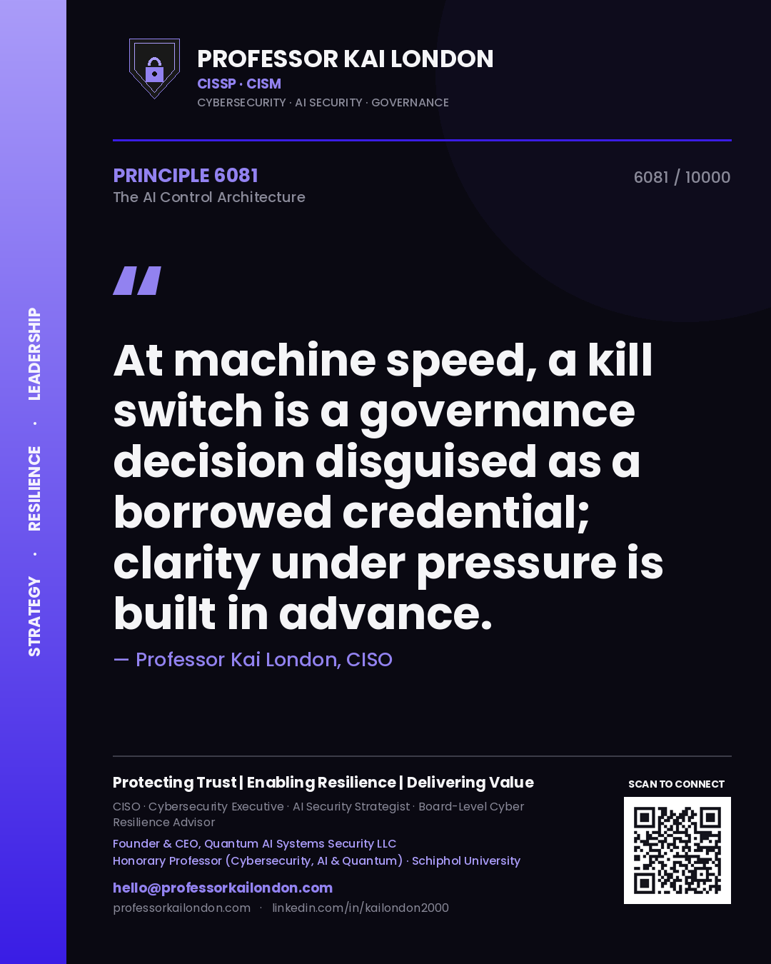 Quote card by Professor Kai London reading 'At machine speed, a kill switch is a governance decision disguised as a borrowed credential; clarity under pressure is built in advance.'. From the book The AI Control Architecture.