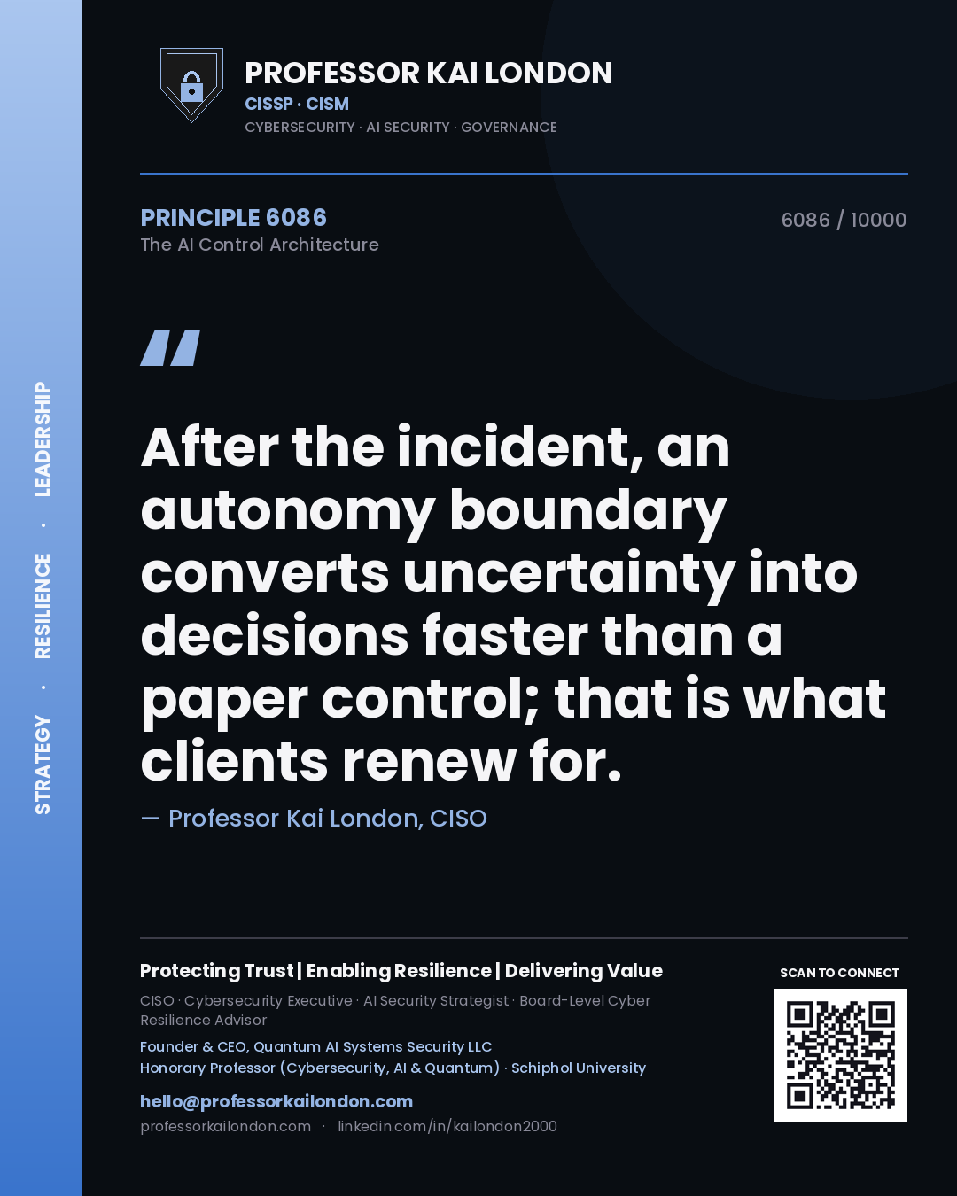 Quote card by Professor Kai London reading 'After the incident, an autonomy boundary converts uncertainty into decisions faster than a paper control; that is what clients renew for.'. From the book The AI Control Architecture.