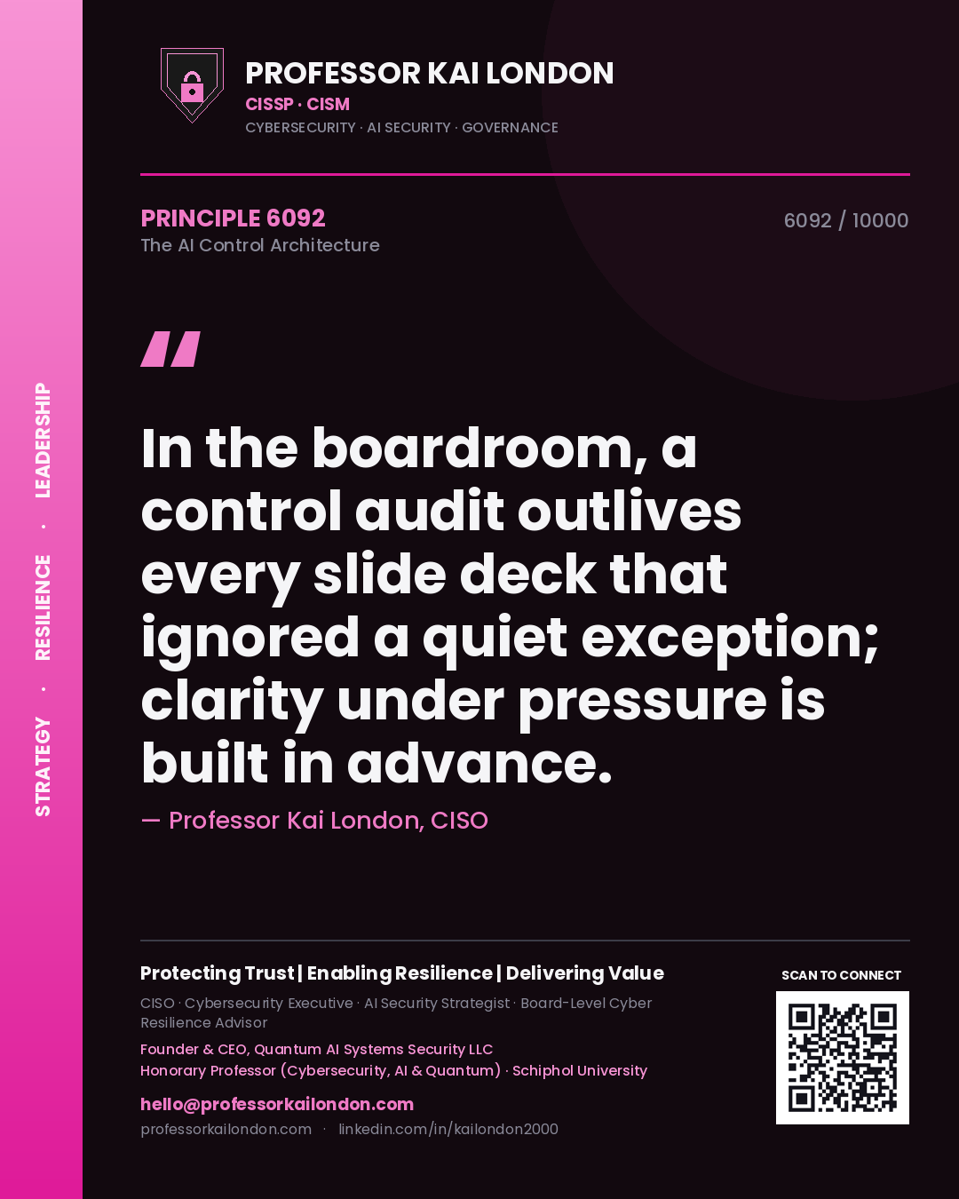 Quote card by Professor Kai London reading 'In the boardroom, a control audit outlives every slide deck that ignored a quiet exception; clarity under pressure is built in advance.'. From the book The AI Control Architecture.