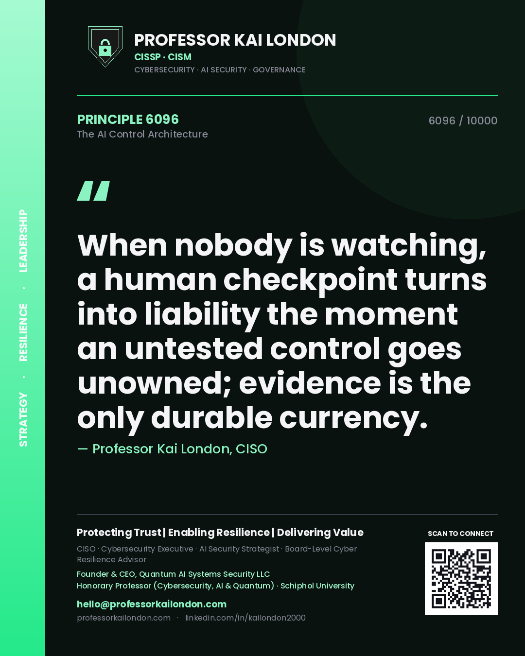 Professor Kai London principle 6096: When nobody is watching, a human checkpoint turns into liability the moment an untested control goes unowned; evidence is the only durable currency.