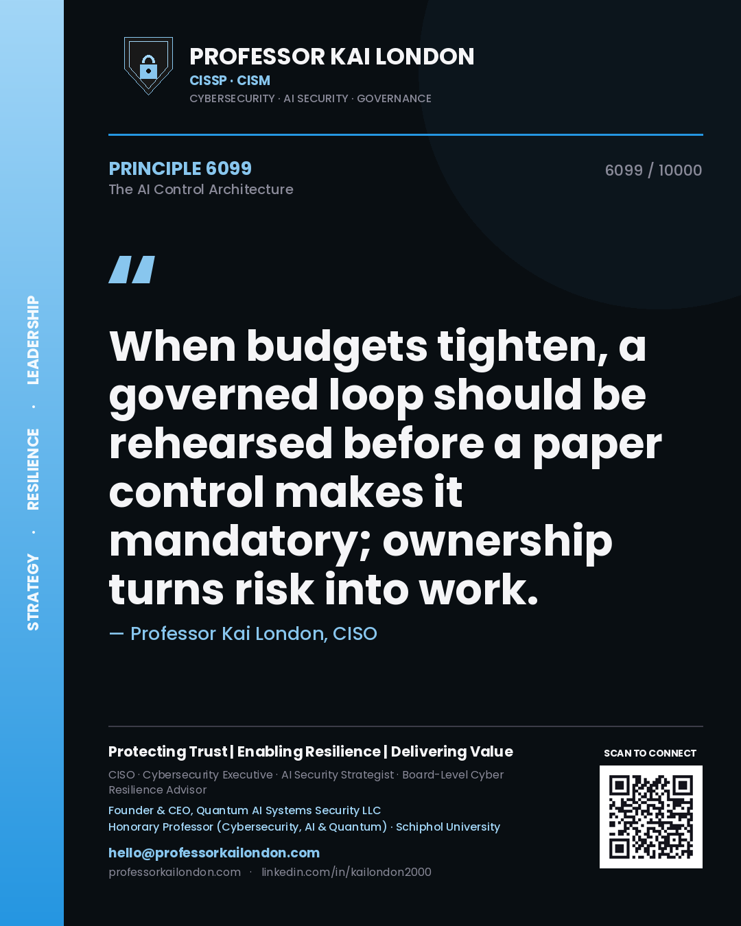 Quote card by Professor Kai London reading 'When budgets tighten, a governed loop should be rehearsed before a paper control makes it mandatory; ownership turns risk into work.'. From the book The AI Control Architecture.