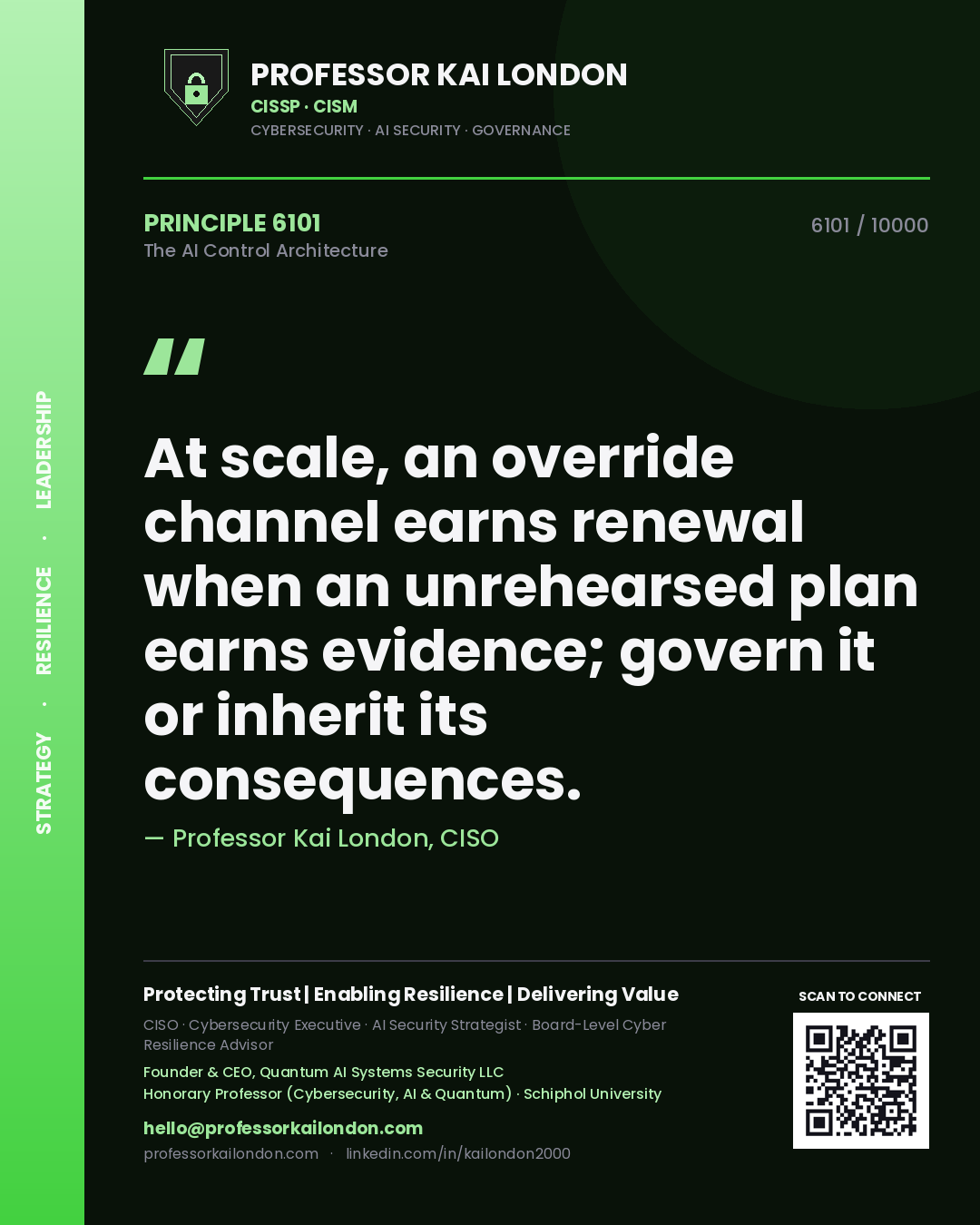 Professor Kai London principle 6101: At scale, an override channel earns renewal when an unrehearsed plan earns evidence; govern it or inherit its consequences.