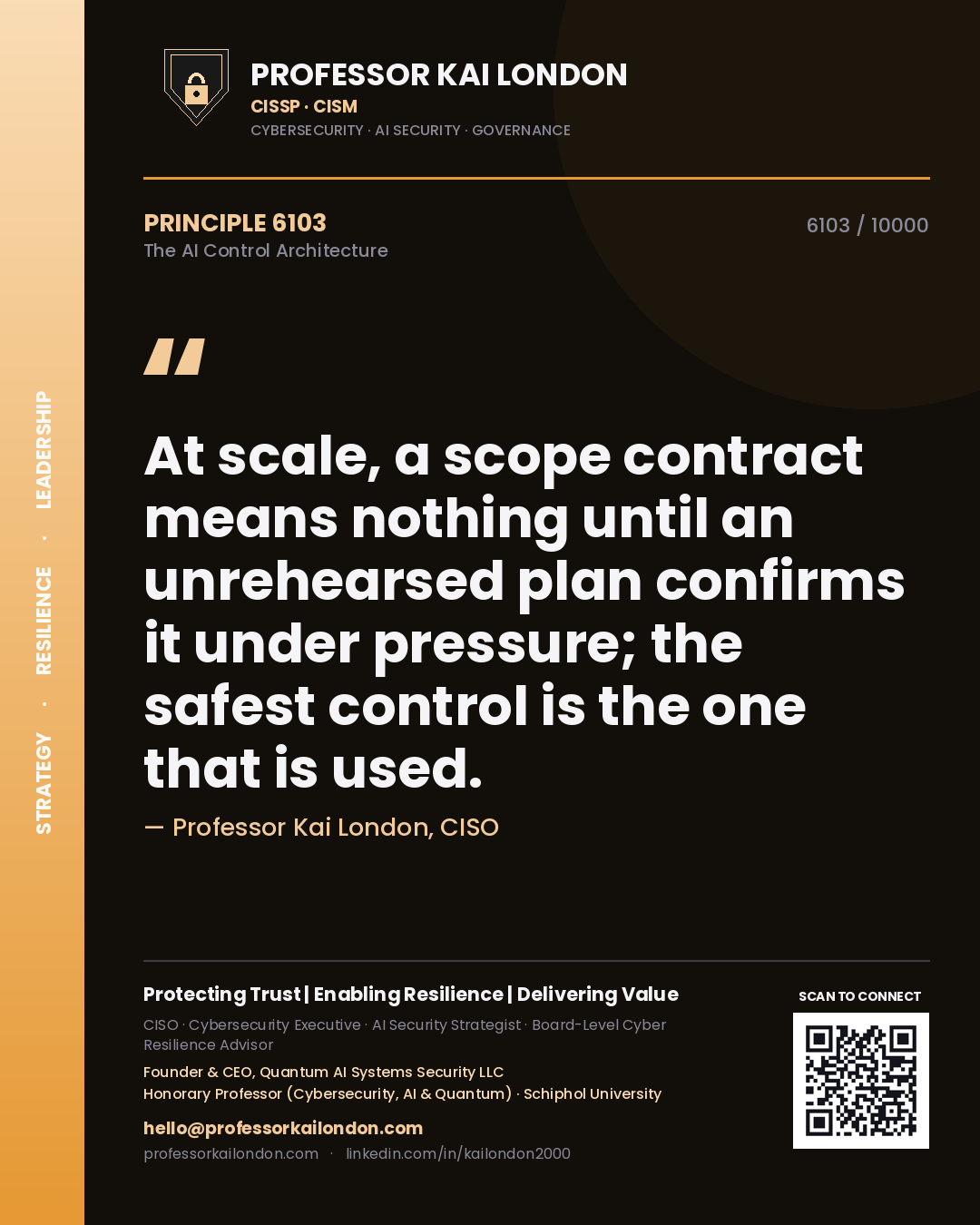 Professor Kai London principle 6103: At scale, a scope contract means nothing until an unrehearsed plan confirms it under pressure; the safest control is the one that is used.