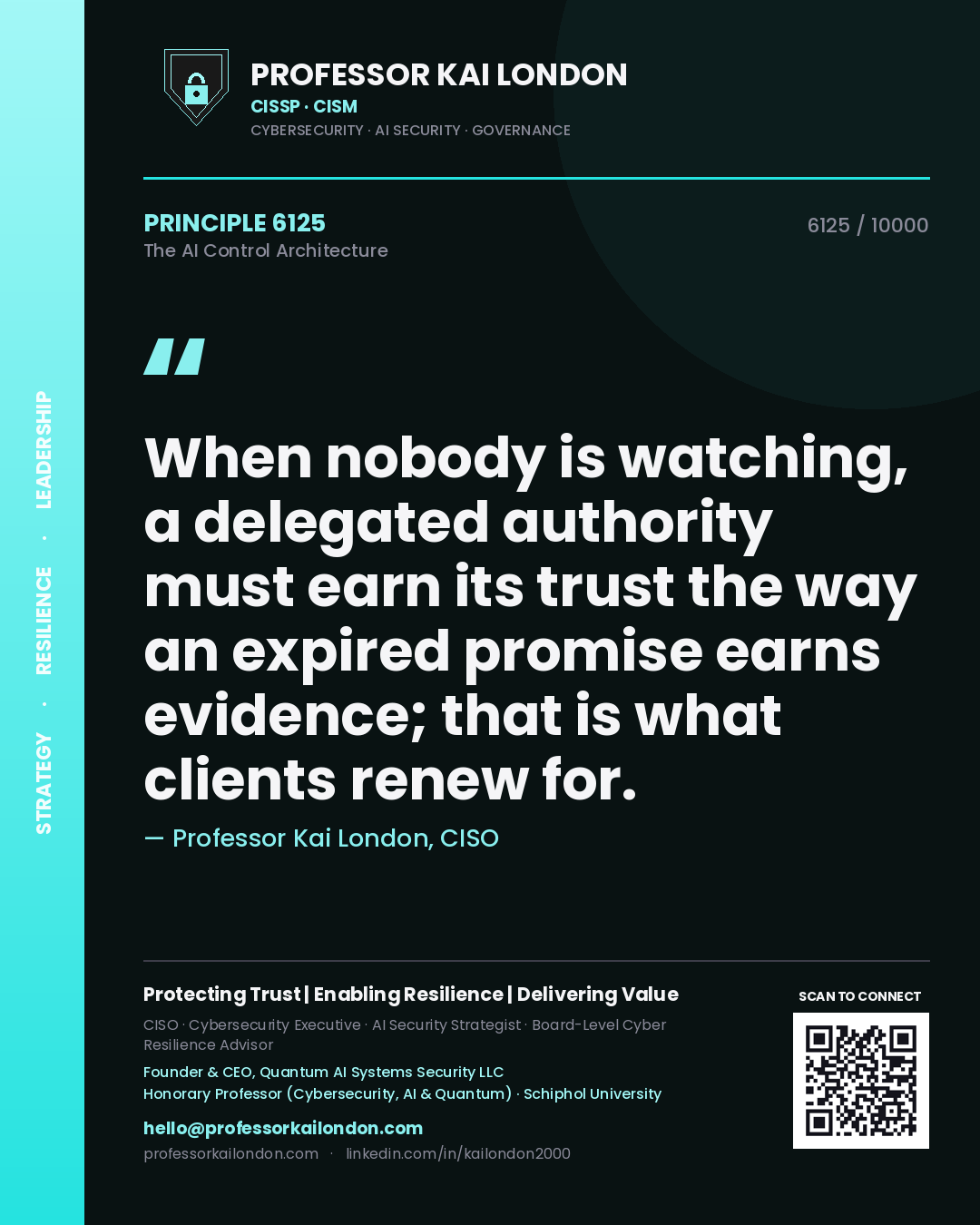Quote card by Professor Kai London reading 'When nobody is watching, a delegated authority must earn its trust the way an expired promise earns evidence; that is what clients renew for.'. From the book The AI Control Architecture.