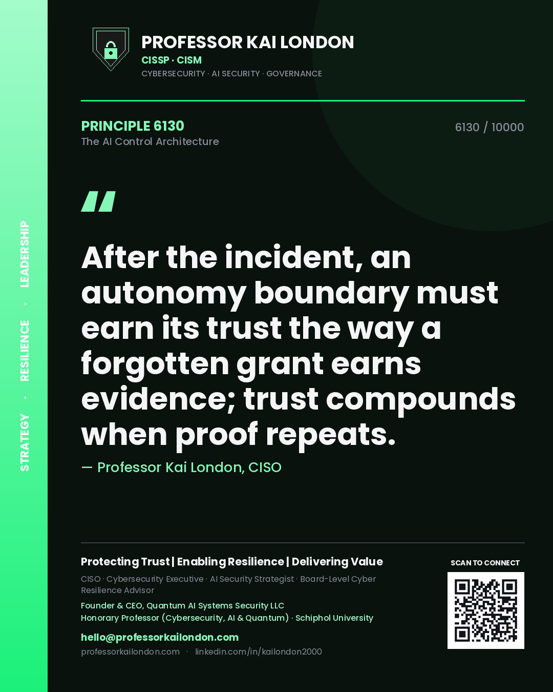 Quote card by Professor Kai London reading 'After the incident, an autonomy boundary must earn its trust the way a forgotten grant earns evidence; trust compounds when proof repeats.'. From the book The AI Control Architecture.