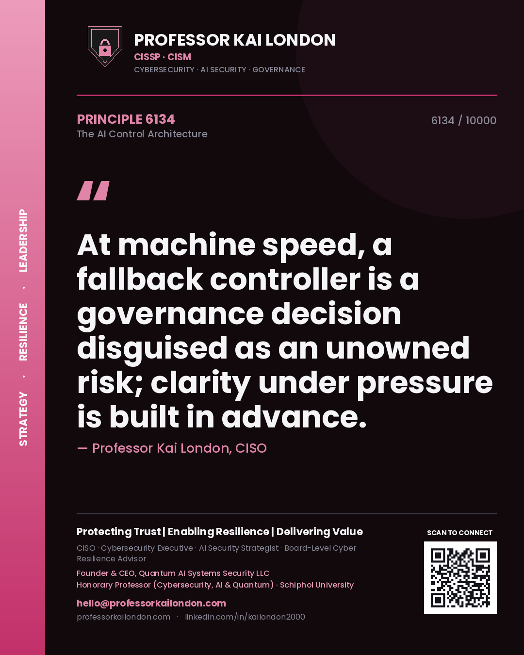 Quote card by Professor Kai London reading 'At machine speed, a fallback controller is a governance decision disguised as an unowned risk; clarity under pressure is built in advance.'. From the book The AI Control Architecture.