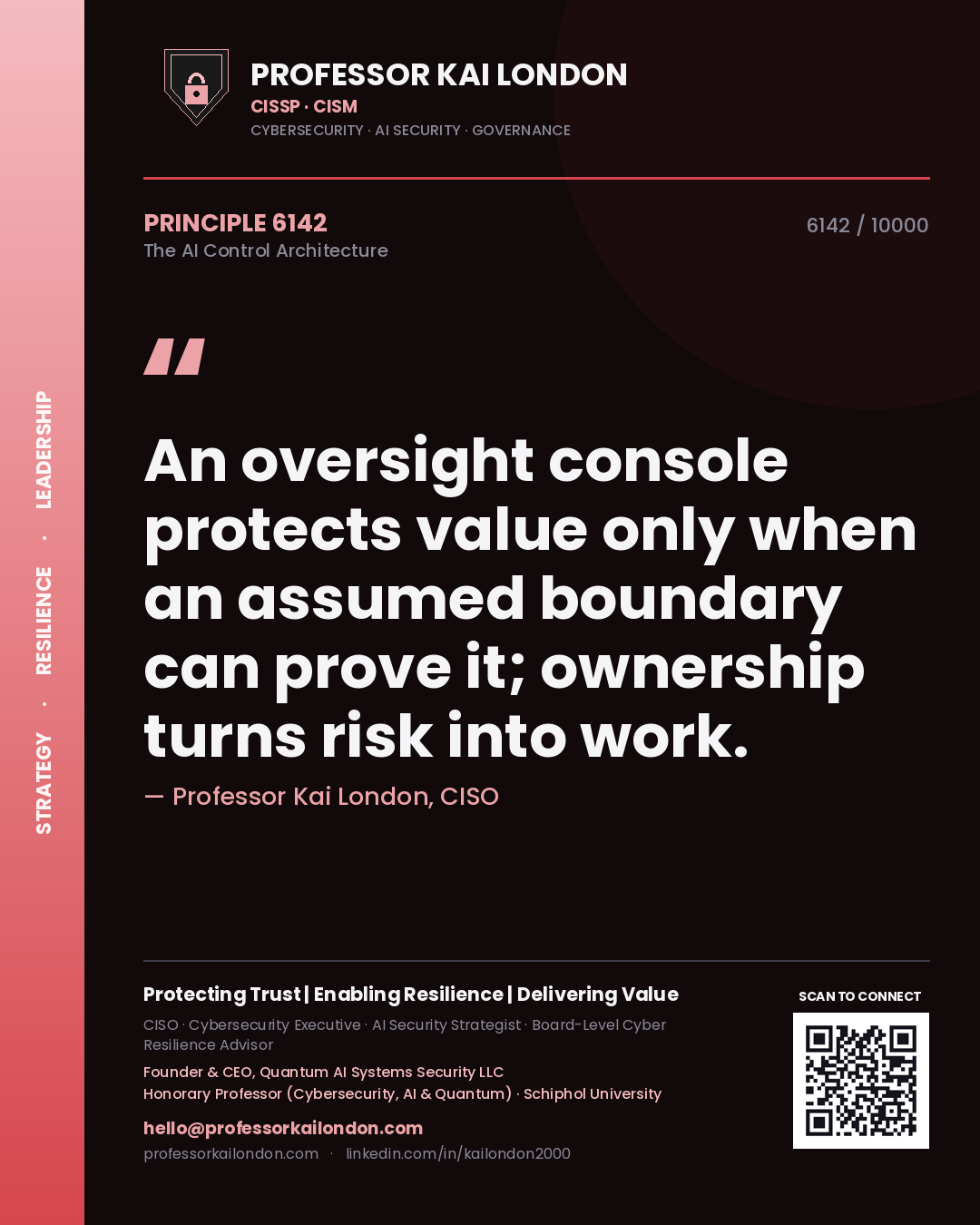 Professor Kai London principle 6142: An oversight console protects value only when an assumed boundary can prove it; ownership turns risk into work.