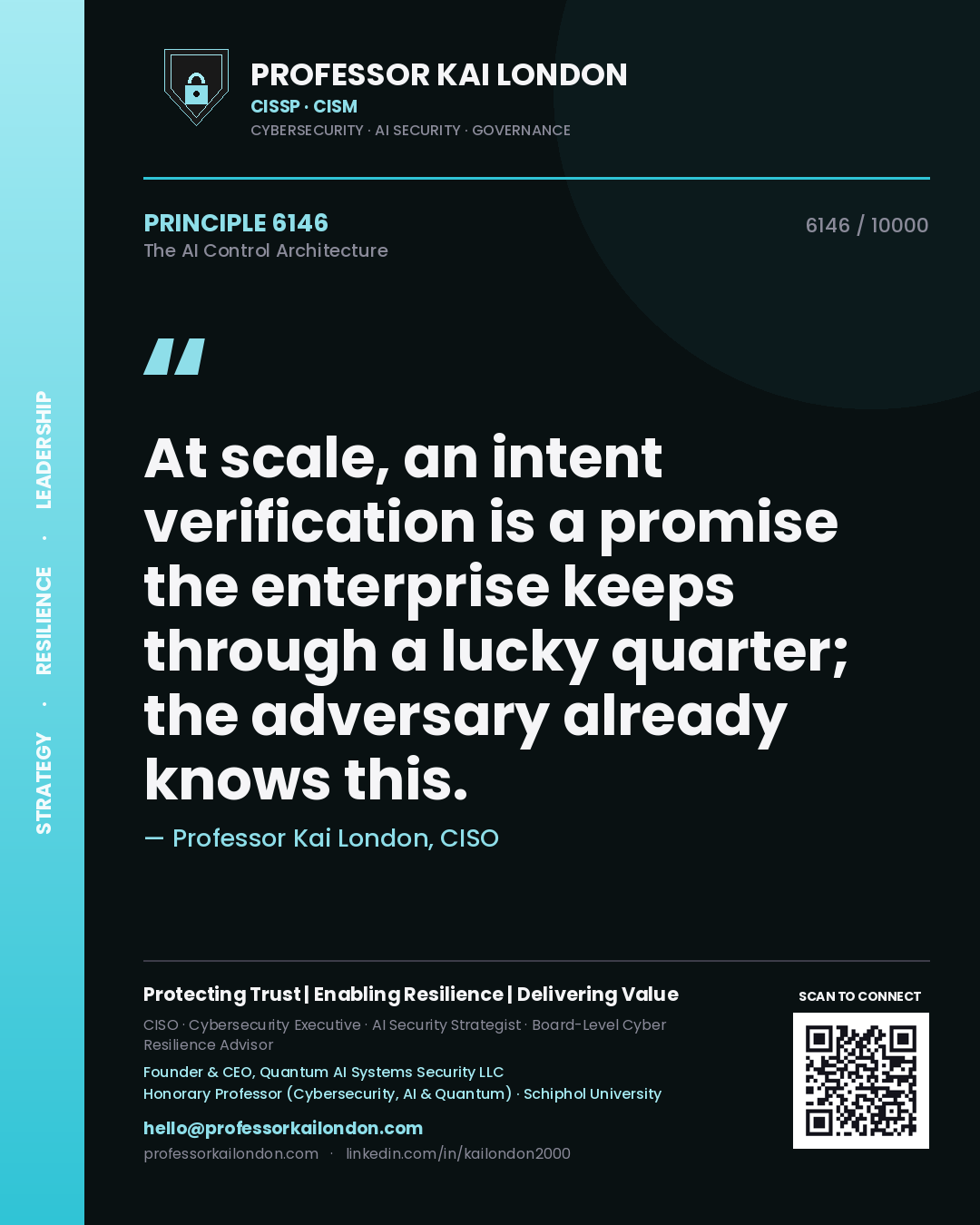Quote card by Professor Kai London reading 'At scale, an intent verification is a promise the enterprise keeps through a lucky quarter; the adversary already knows this.'. From the book The AI Control Architecture.