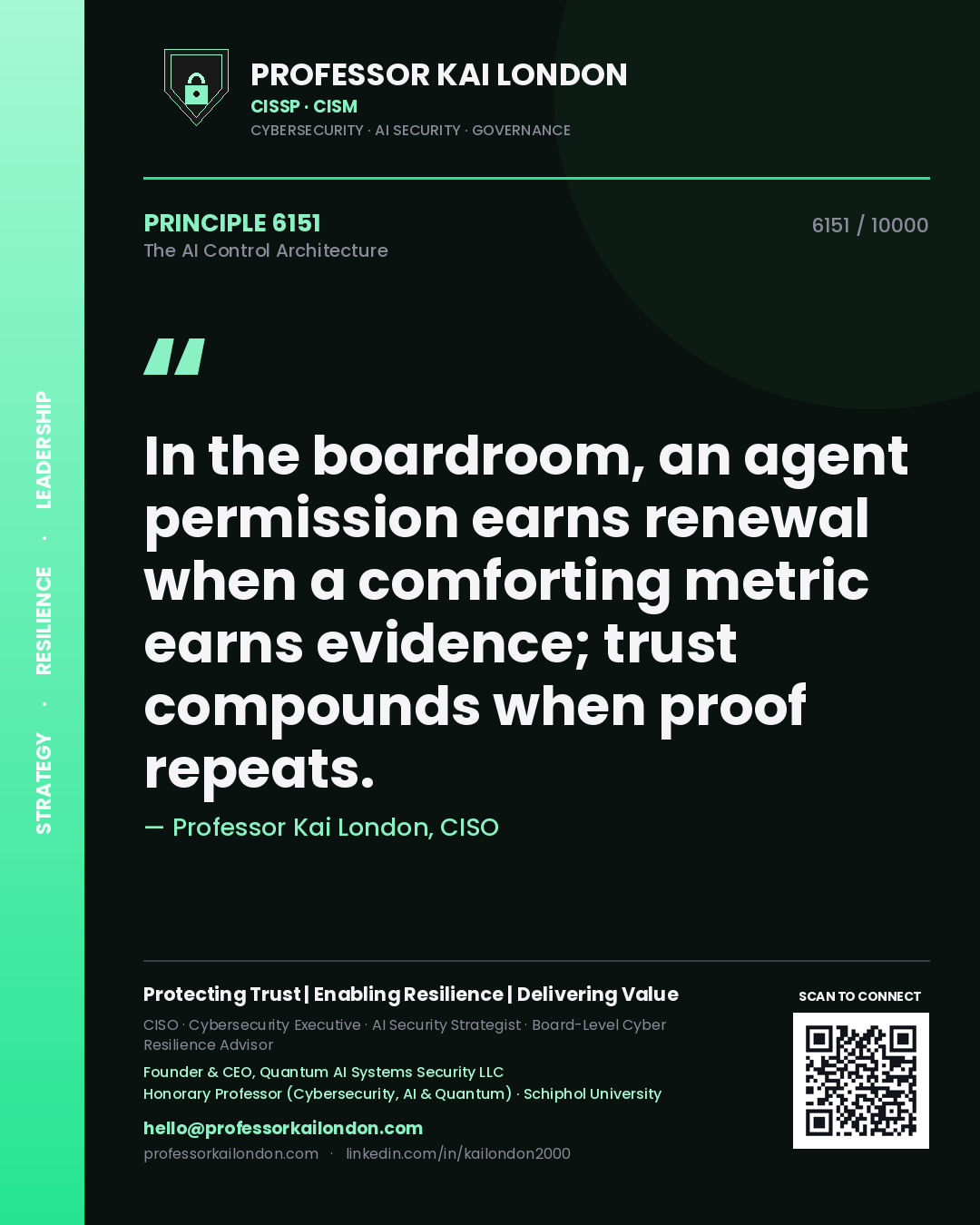 Quote card by Professor Kai London reading 'In the boardroom, an agent permission earns renewal when a comforting metric earns evidence; trust compounds when proof repeats.'. From the book The AI Control Architecture.