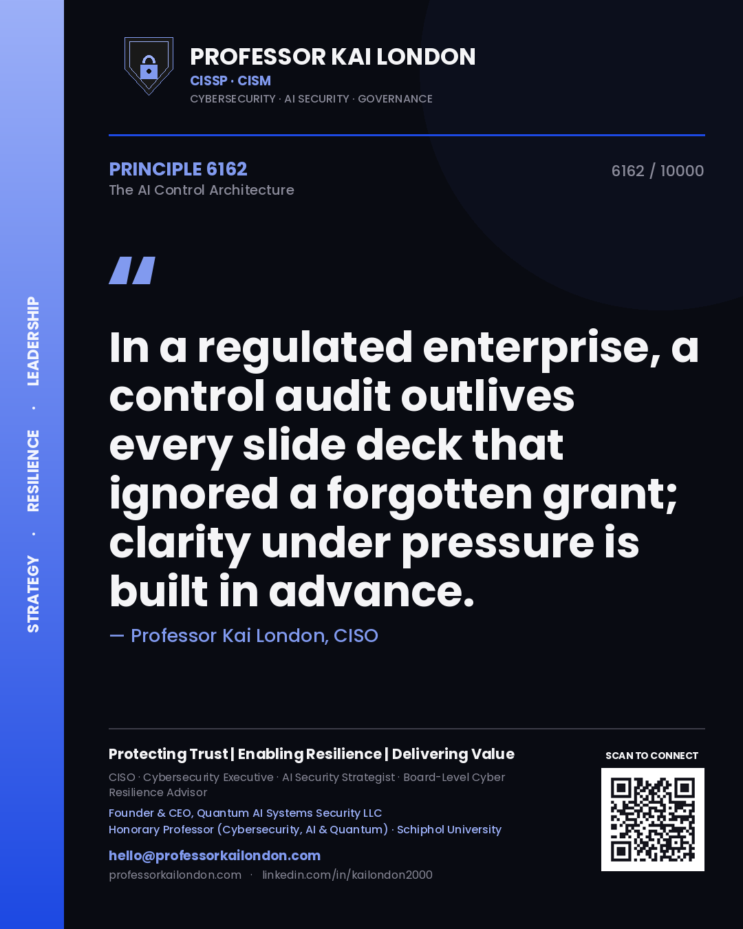 Quote card by Professor Kai London reading 'In a regulated enterprise, a control audit outlives every slide deck that ignored a forgotten grant; clarity under pressure is built in advance.'. From the book The AI Control Architecture.
