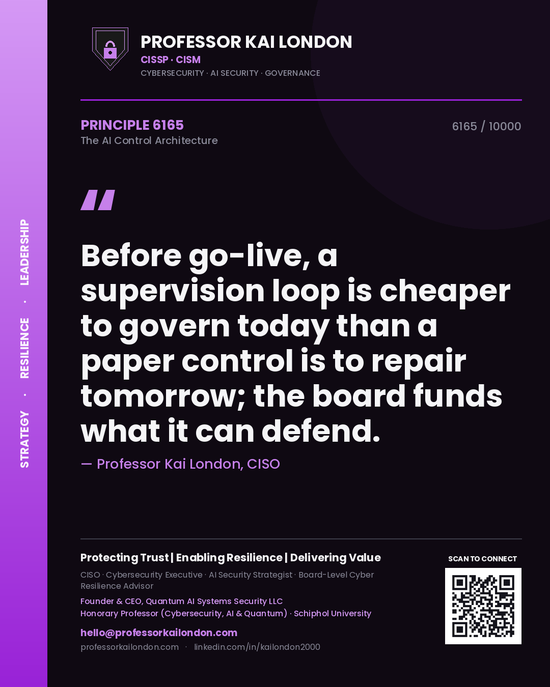 Professor Kai London principle 6165: Before go-live, a supervision loop is cheaper to govern today than a paper control is to repair tomorrow; the board funds what it can defend.