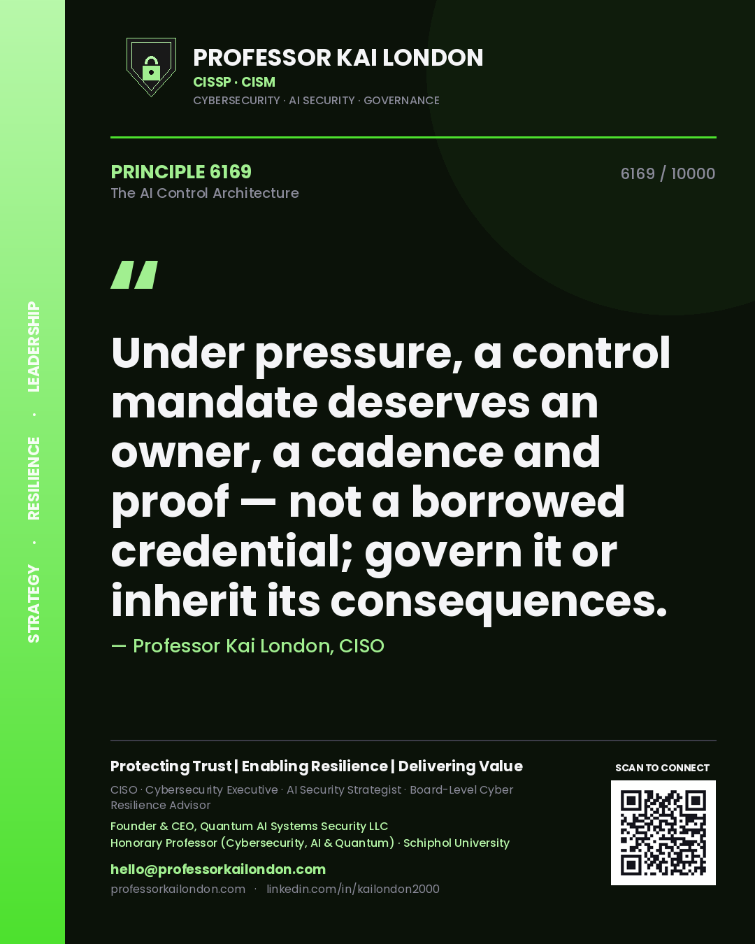 Quote card by Professor Kai London reading 'Under pressure, a control mandate deserves an owner, a cadence and proof — not a borrowed credential; govern it or inherit its consequences.'. From the book The AI Control Architecture.