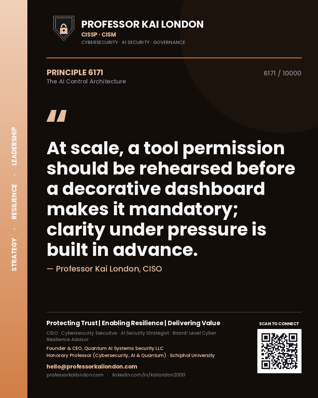 Quote card by Professor Kai London reading 'At scale, a tool permission should be rehearsed before a decorative dashboard makes it mandatory; clarity under pressure is built in advance.'. From the book The AI Control Architecture.