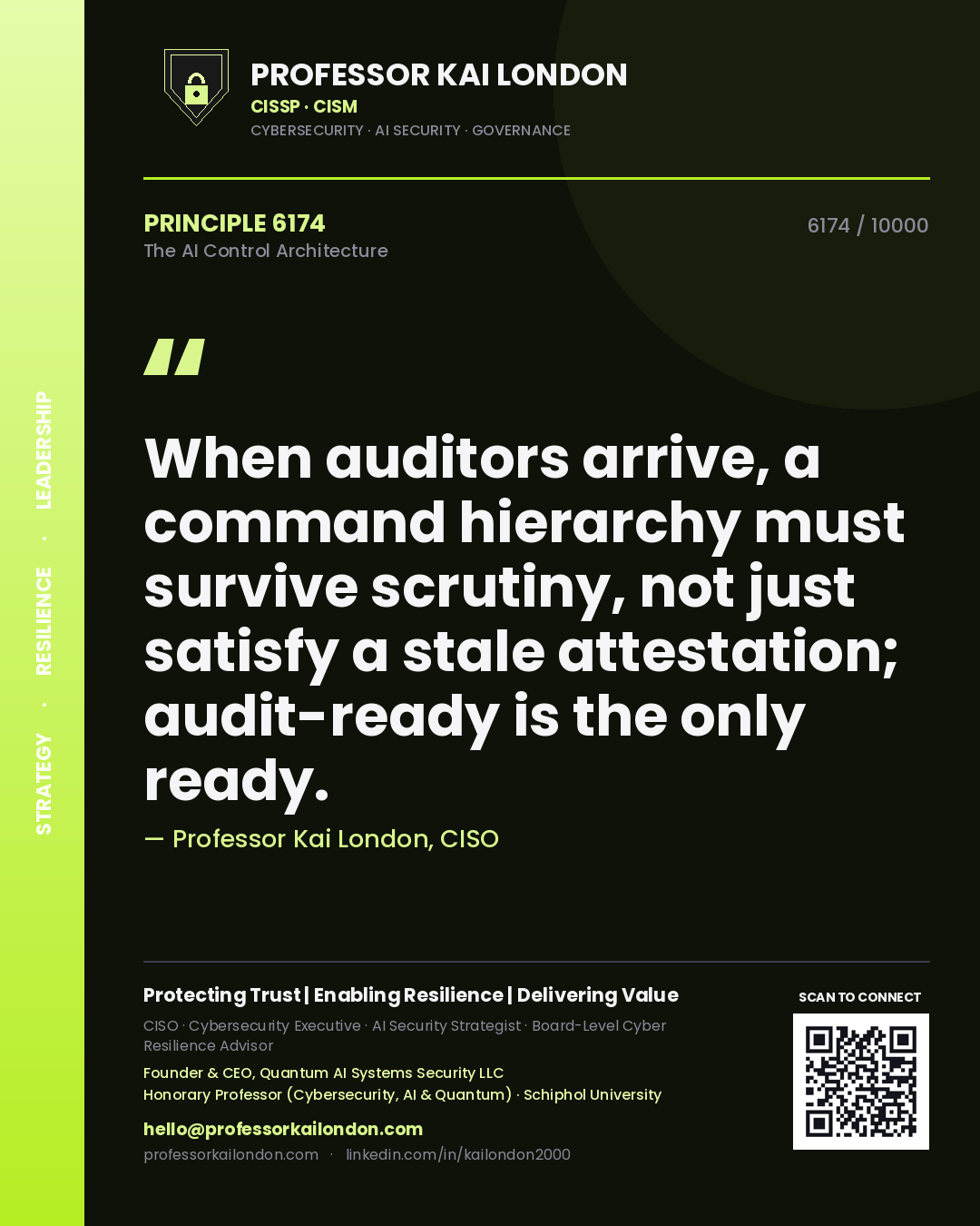 Quote card by Professor Kai London reading 'When auditors arrive, a command hierarchy must survive scrutiny, not just satisfy a stale attestation; audit-ready is the only ready.'. From the book The AI Control Architecture.
