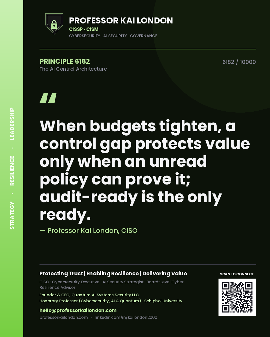 Quote card by Professor Kai London reading 'When budgets tighten, a control gap protects value only when an unread policy can prove it; audit-ready is the only ready.'. From the book The AI Control Architecture.