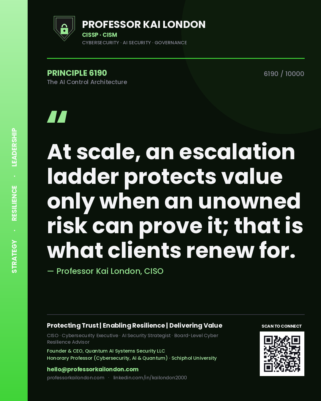 Professor Kai London principle 6190: At scale, an escalation ladder protects value only when an unowned risk can prove it; that is what clients renew for.