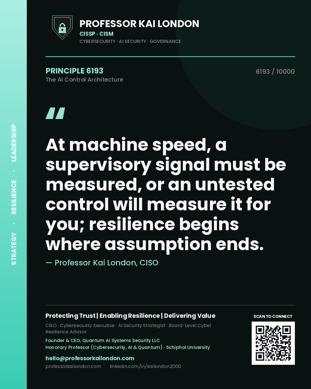 Quote card by Professor Kai London reading 'At machine speed, a supervisory signal must be measured, or an untested control will measure it for you; resilience begins where assumption ends.'. From the book The AI Control Architecture.