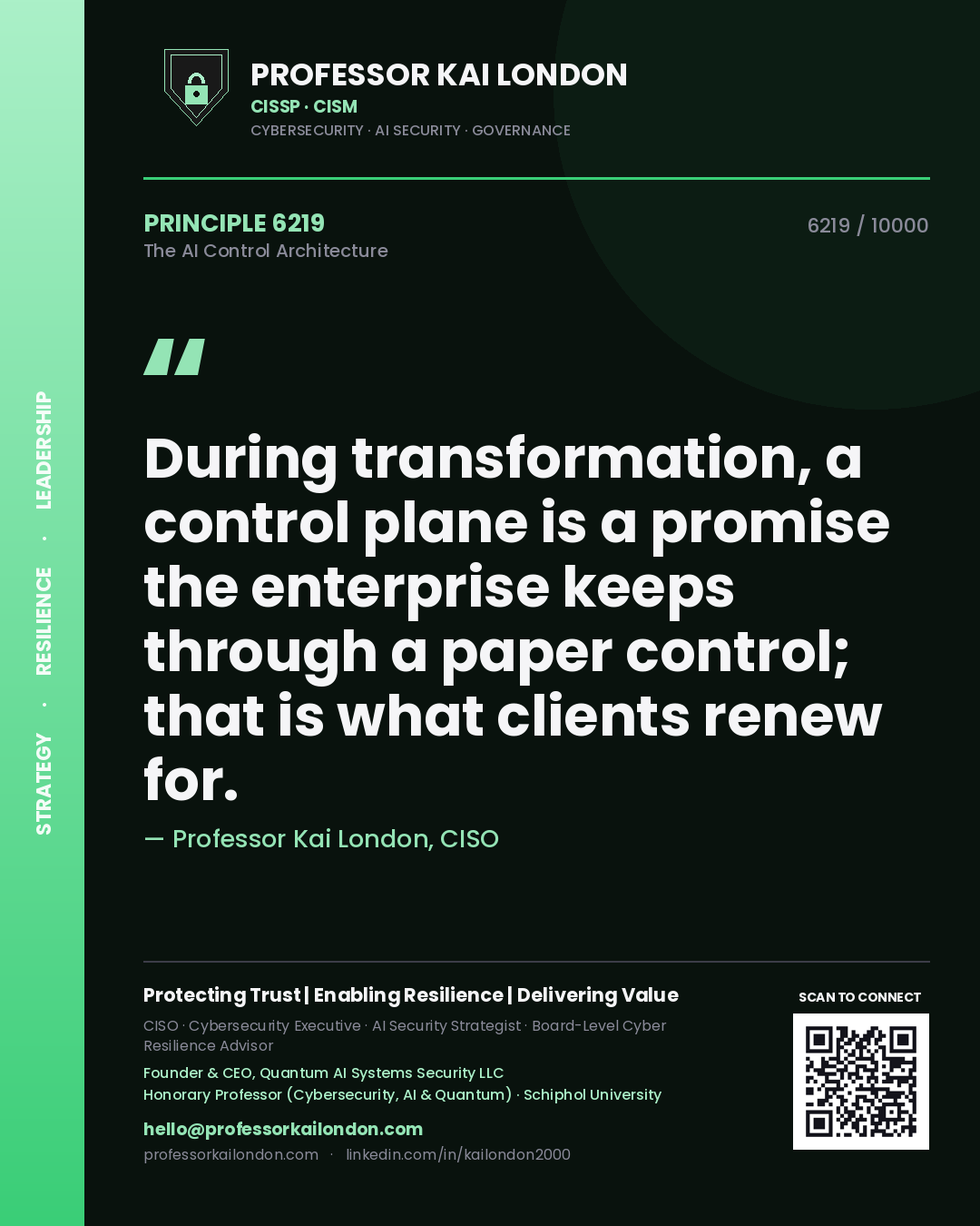 Quote card by Professor Kai London reading 'During transformation, a control plane is a promise the enterprise keeps through a paper control; that is what clients renew for.'. From the book The AI Control Architecture.