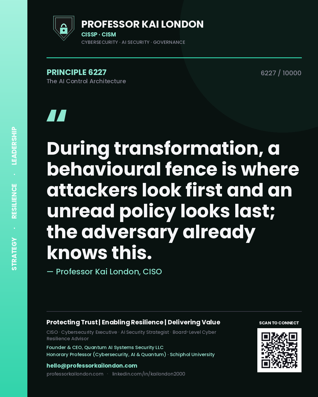 Quote card by Professor Kai London reading 'During transformation, a behavioural fence is where attackers look first and an unread policy looks last; the adversary already knows this.'. From the book The AI Control Architecture.