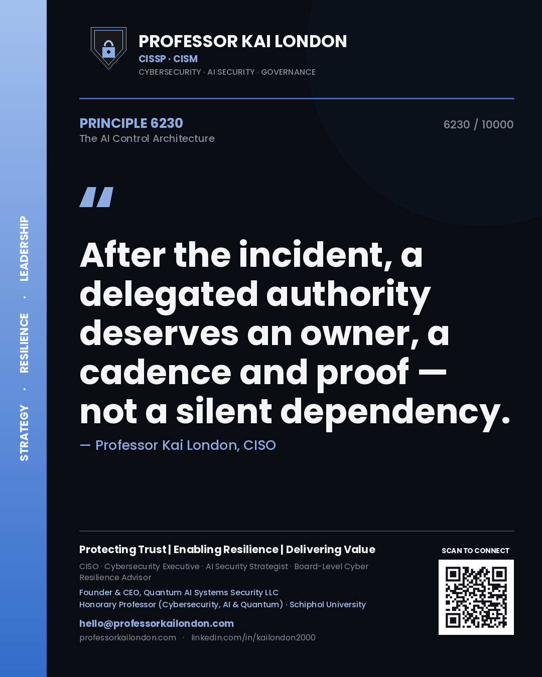 Quote card by Professor Kai London reading 'After the incident, a delegated authority deserves an owner, a cadence and proof — not a silent dependency.'. From the book The AI Control Architecture.