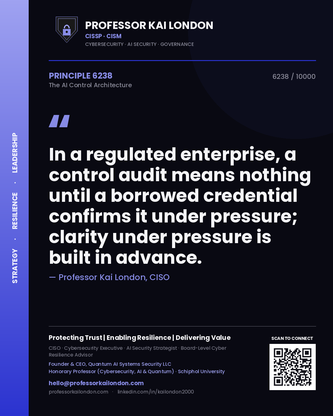Quote card by Professor Kai London reading 'In a regulated enterprise, a control audit means nothing until a borrowed credential confirms it under pressure; clarity under pressure is built in advance.'. From the book The AI Control Architecture.