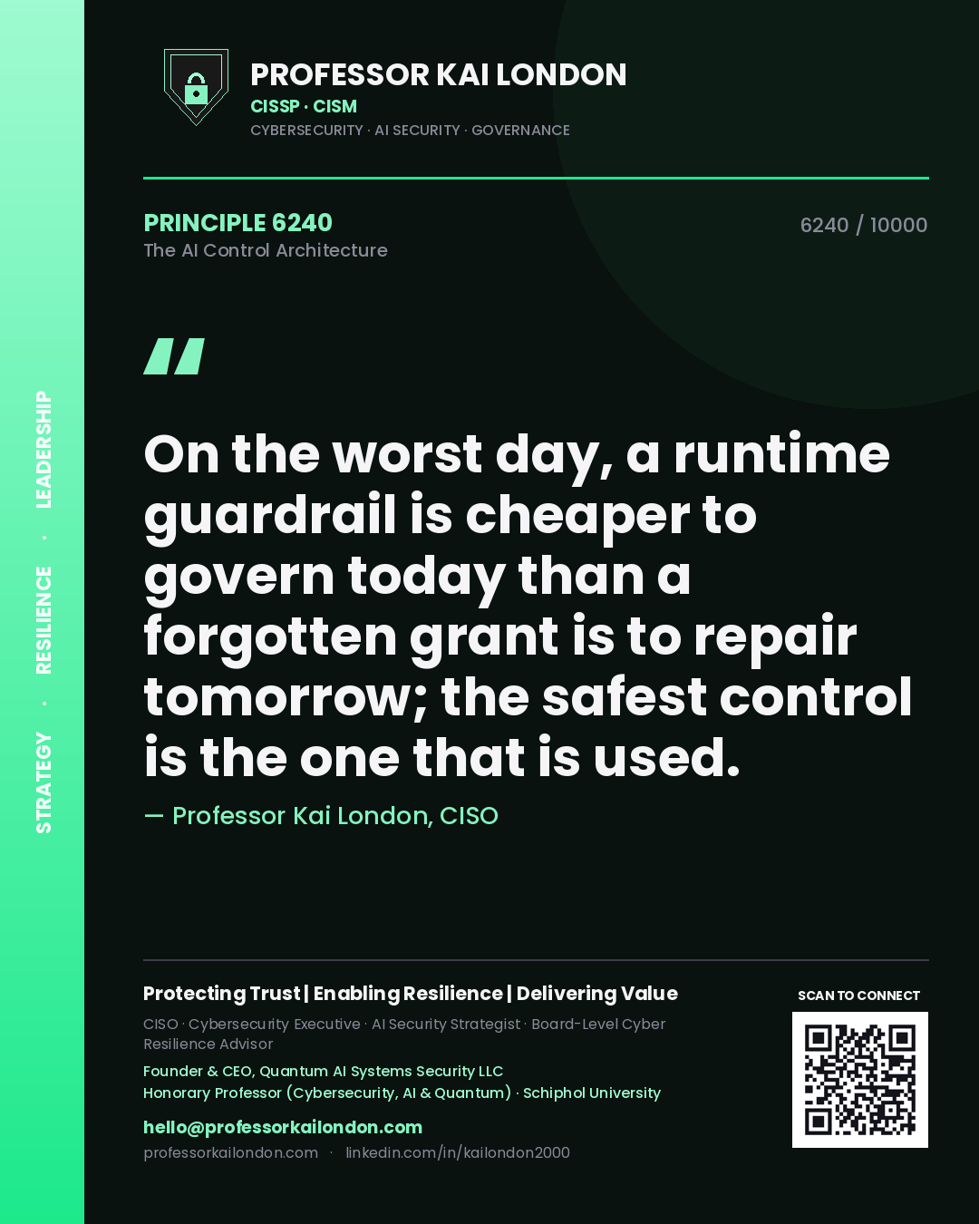 Quote card by Professor Kai London reading 'On the worst day, a runtime guardrail is cheaper to govern today than a forgotten grant is to repair tomorrow; the safest control is the one that is used.'. From the book The AI Control Architecture.