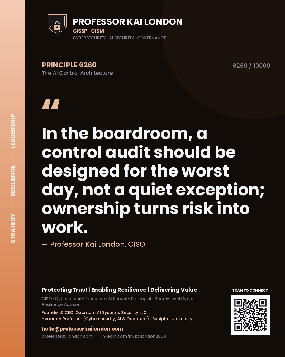 Quote card by Professor Kai London reading 'In the boardroom, a control audit should be designed for the worst day, not a quiet exception; ownership turns risk into work.'. From the book The AI Control Architecture.