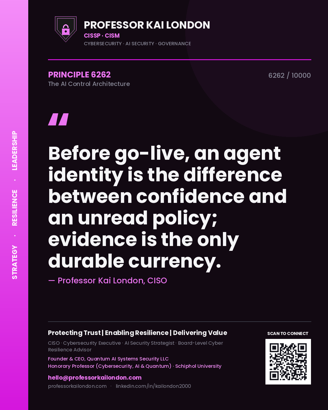 Quote card by Professor Kai London reading 'Before go-live, an agent identity is the difference between confidence and an unread policy; evidence is the only durable currency.'. From the book The AI Control Architecture.
