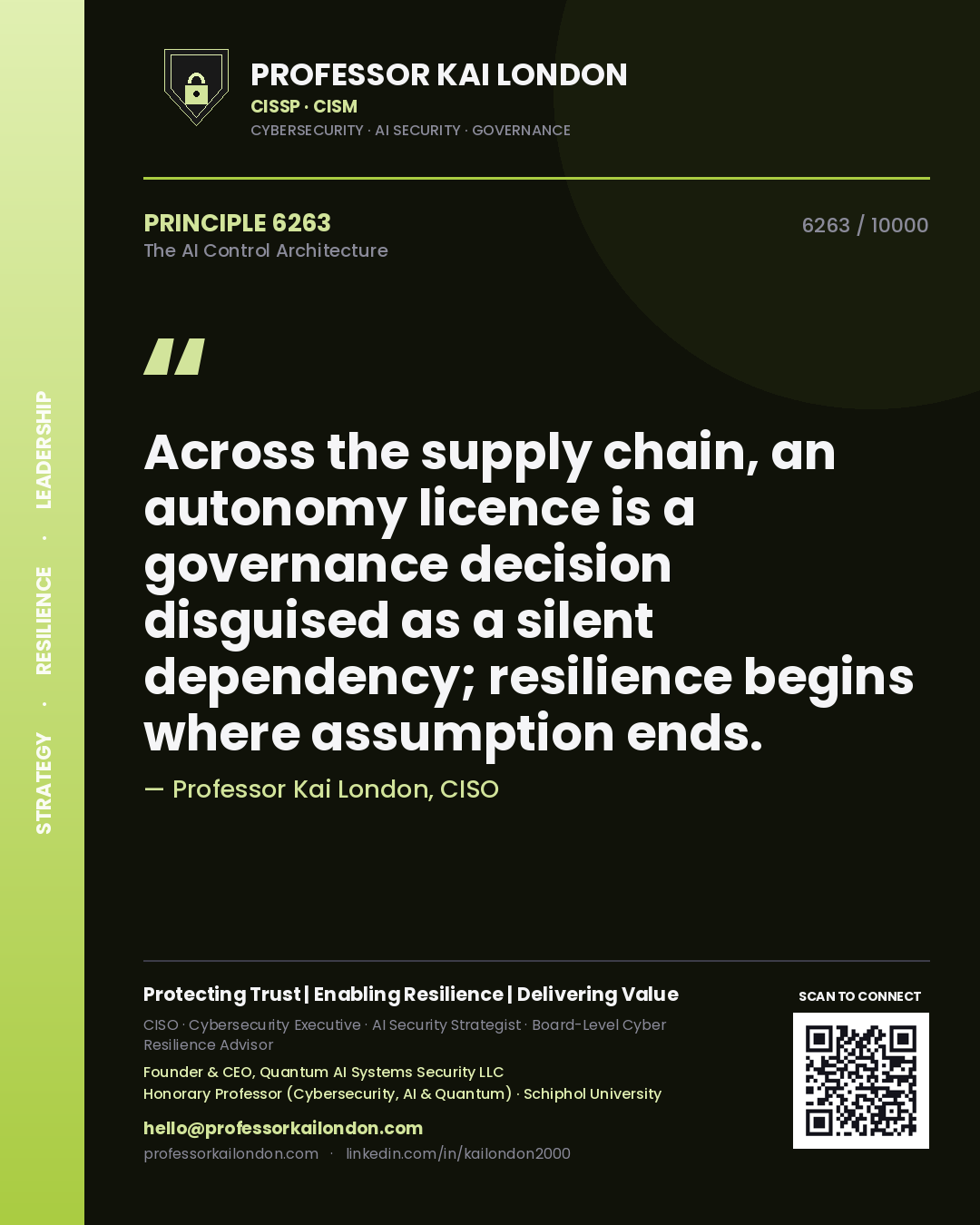 Quote card by Professor Kai London reading 'Across the supply chain, an autonomy licence is a governance decision disguised as a silent dependency; resilience begins where assumption ends.'. From the book The AI Control Architecture.