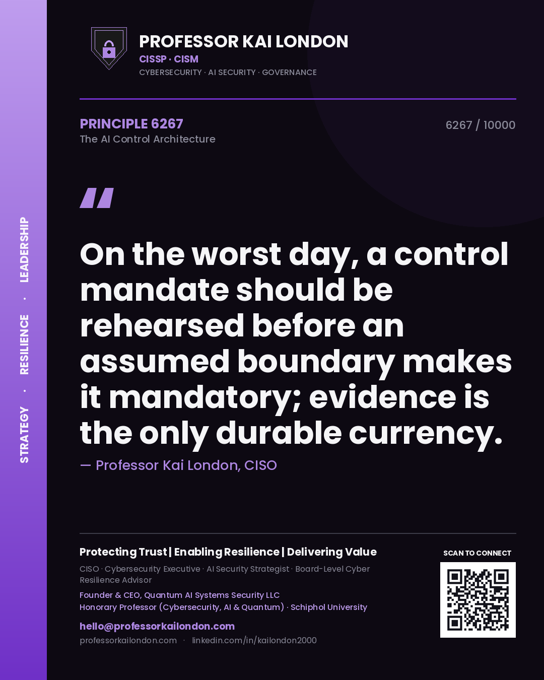 Quote card by Professor Kai London reading 'On the worst day, a control mandate should be rehearsed before an assumed boundary makes it mandatory; evidence is the only durable currency.'. From the book The AI Control Architecture.