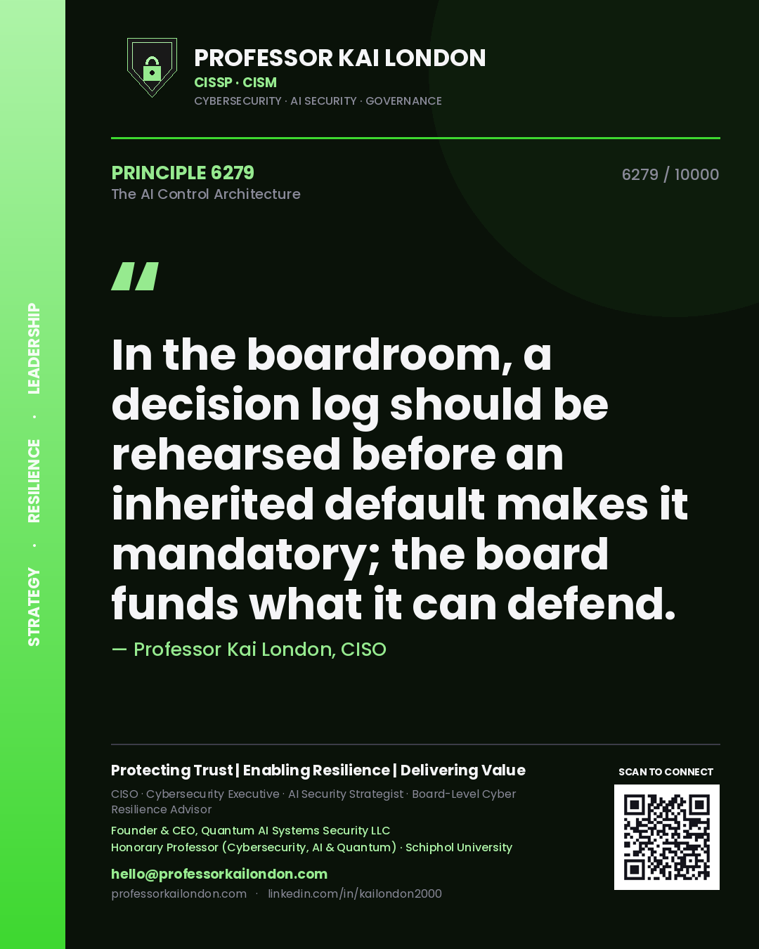 Quote card by Professor Kai London reading 'In the boardroom, a decision log should be rehearsed before an inherited default makes it mandatory; the board funds what it can defend.'. From the book The AI Control Architecture.