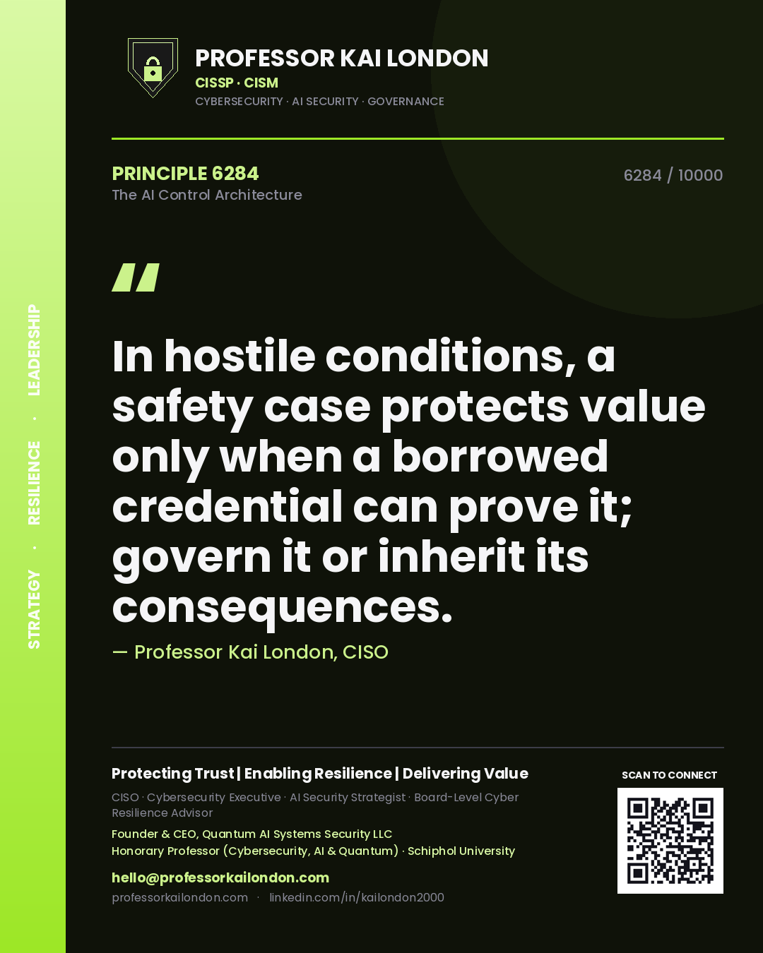 Quote card by Professor Kai London reading 'In hostile conditions, a safety case protects value only when a borrowed credential can prove it; govern it or inherit its consequences.'. From the book The AI Control Architecture.